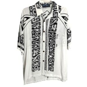 Pacific Line Tahiti Stingray Shirt Mens Large White Black Tribal Ray Rayon S/S